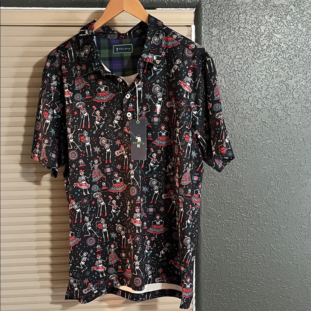 William Murray Black and Red Skeleton Print Golf Polo